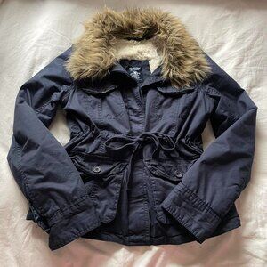 2000s Navy Blue Faux-Fur Hood Jacket